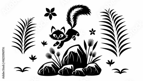 Black and white illustration of a skunk jumping over rocks with plants and flowers around it design silhouette