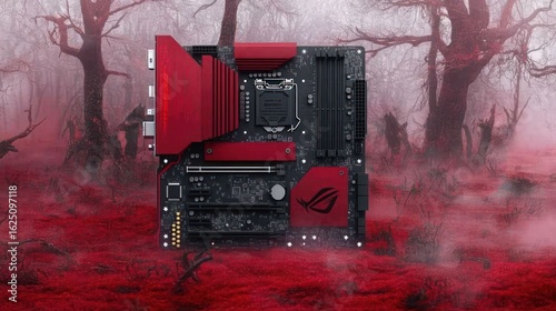 ROG Strix B650-A Gaming WiFi Motherboard in a Red Forest