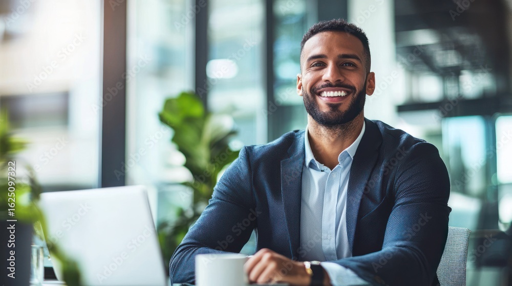 A smiling businessman sitting at a desk with a laptop and a cup of coffee in an office setting. A smiling businessman sitting at a desk with a laptop and a cup of coffee in an office setting.