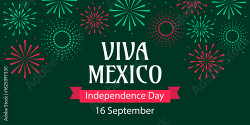 Viva Mexico. Flat vector illustration with fireworks for Mexican Independence Day on September 16.