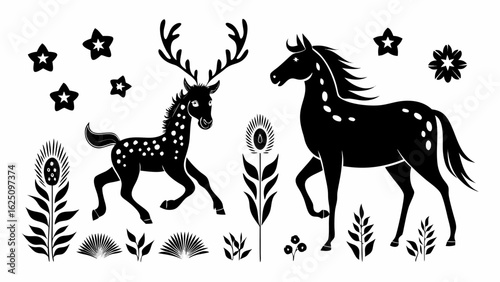 Black and white illustration of a spotted deer, horse, stars, and various plant life in a pattern style silhouette