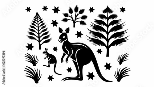 Black silhouette of kangaroos with trees and stars in a decorative australian style design art image