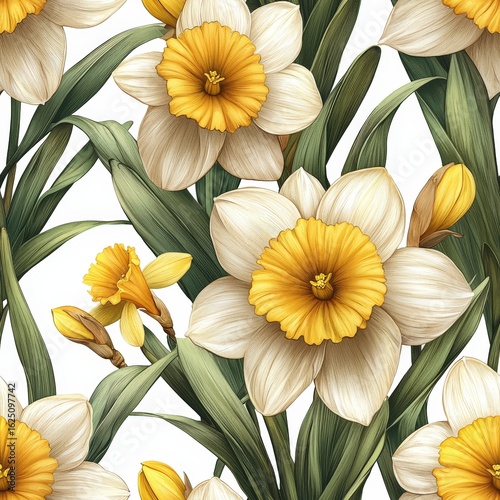Daffodils flowers plants floral blooming botanical seamless pattern ornament design, tile