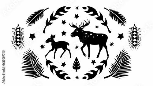 Illustration of a deer and fawn with leaves and stars in black and white creating a decorative pattern silhouette