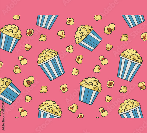 Seamless popcorn pattern on pink background, featuring striped buckets and scattered kernels, perfect for movie nights, parties, and fun foodthemed designs