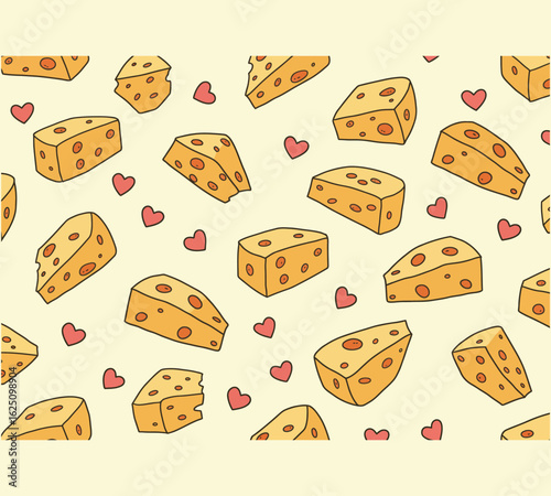 Seamless cheese pattern with heart accents, perfect for foodthemed designs, featuring cute cheese wedges and romantic heart elements on a light background