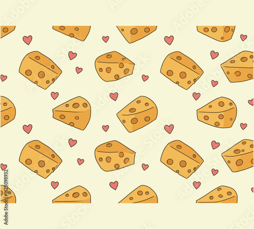 Seamless cheese pattern with heart accents, perfect for foodthemed designs, featuring cute cheese wedges and romantic heart elements on a light background