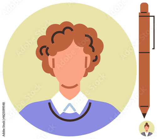 Minimalist portrait of person with curly hair in purple attire, paired with brown pen. Ideal for profiles, creativity, personal branding, education, blogging, writing, simple flat metaphor