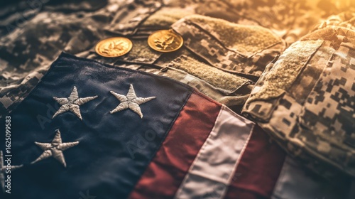 Wallpaper Mural American flag rests on military uniform with challenge coin for honor Torontodigital.ca