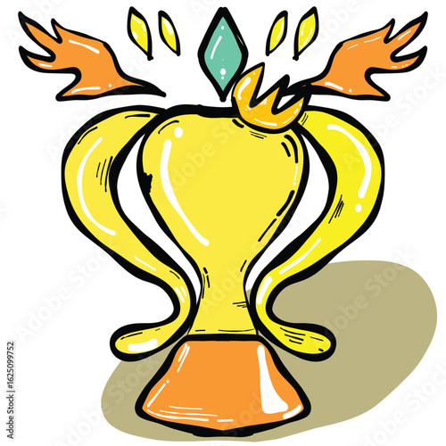 Vibrant trophy illustration featuring golden cup with ornate handles and decorative crown. design includes green gem and stylized flames, symbolizing victory and achievement
