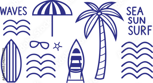 Beach vacation icons with palm tree sun umbrella surfboard and waves