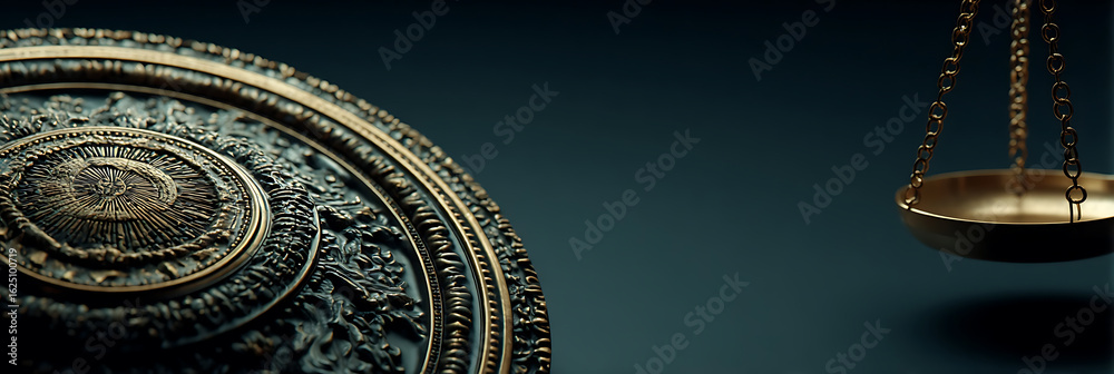 Obraz premium Intricate shield and balanced scale on dark background