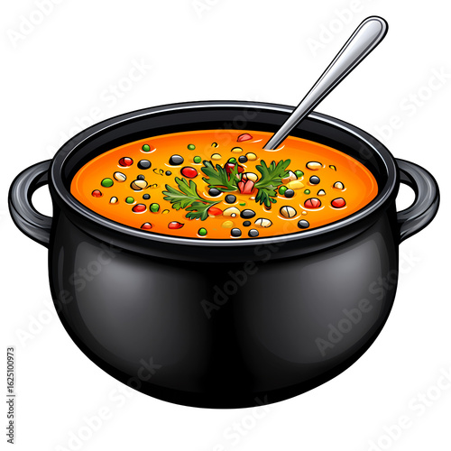 Hearty Orange Vegetable Soup in Black Cauldron