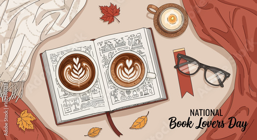 Top-down illustration of an open book with coffee art, surrounded by a scarf, leaves, glasses, and a candle, celebrating National Book Lovers Day.