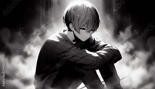a black and white anime illustration of a boy sitting sadly/depressed on the ground
