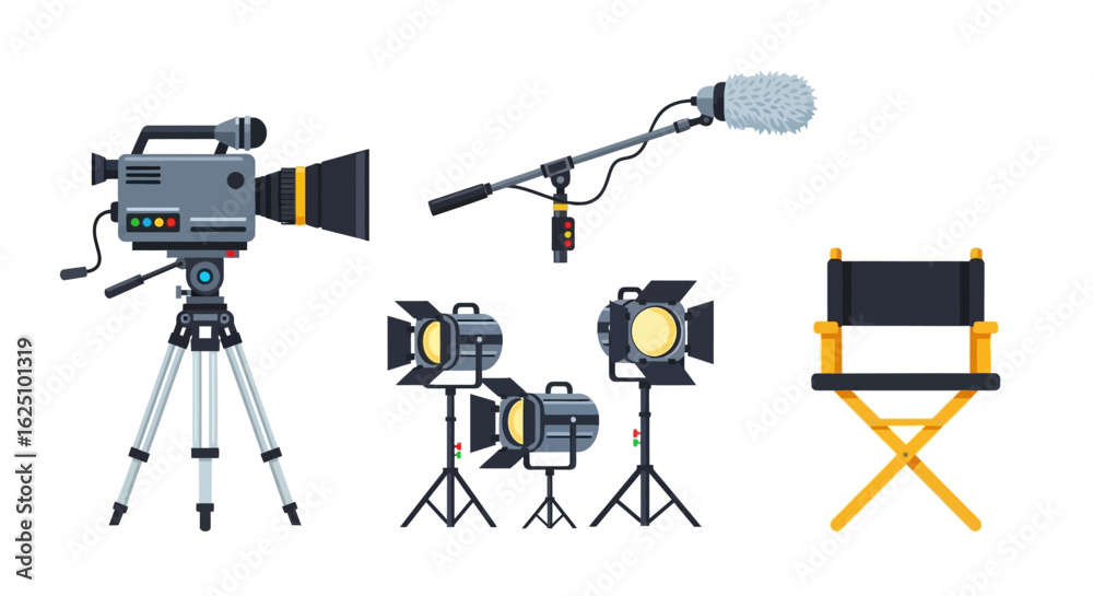 Obraz premium Illustration of filmmaking equipment including a video camera on a tripod, boom microphone, stage lighting, and a director's chair.