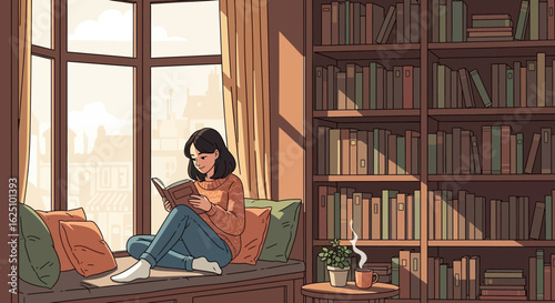 A woman sits on a window seat, reading a book in a cozy room with a large bookcase and sunlight streaming through the window.
