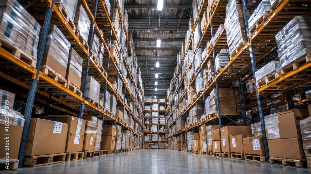 Fototapeta premium A large warehouse with high shelves filled with boxes and pallets.