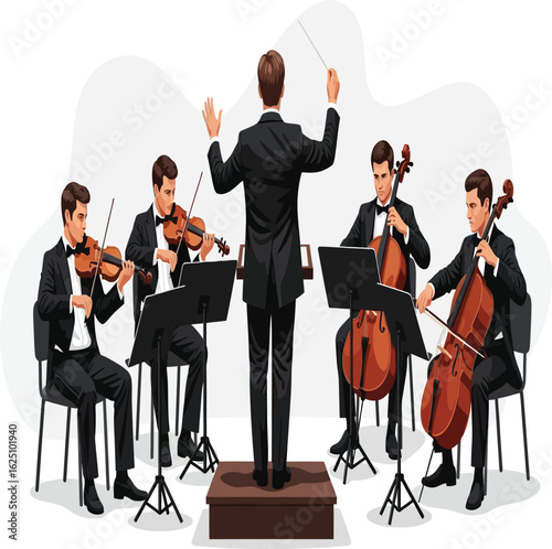  Elegant vector of a conductor leading an orchestra with musicians, on a transparent background. Perfect for concert posters, music event ads, educational visuals, and creative designs.