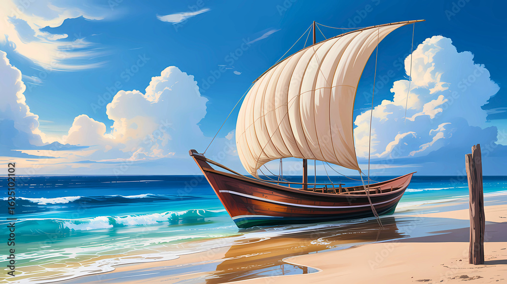 Fototapeta premium A serene digital painting of a traditional wooden sailboat resting on a tranquil sandy beach under a beautiful blue sky.