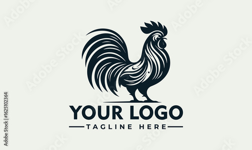Stylized rooster logo design with decorative plumage, place for company name and tagline.