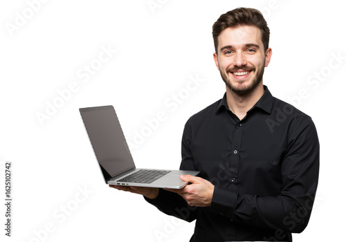 A smiling young man in a black shirt cradles a laptop against a white backdrop, showcasing a polished and approachable look.