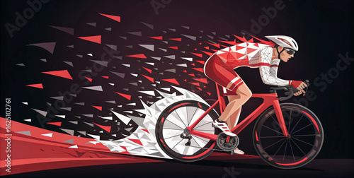 A cyclist riding a bicycle with speed and motion on a black background design