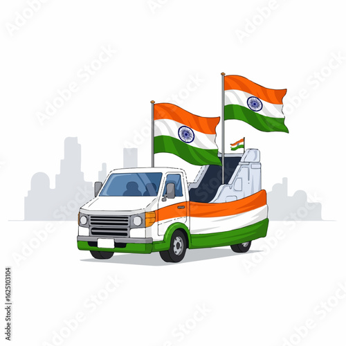 A decorated white truck, adorned with Indian flags, parades through a cityscape, celebrating national pride.