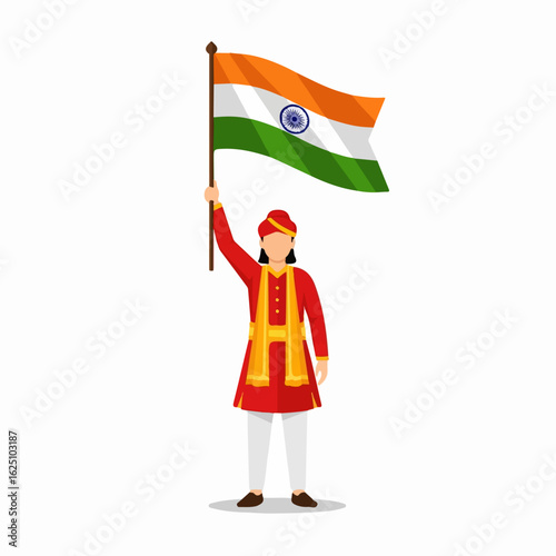 A young man in traditional Indian attire proudly holds aloft the Indian flag, symbolizing patriotism and national pride.