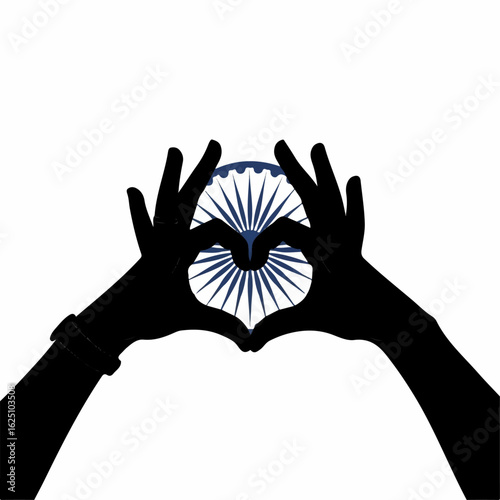 Two hands form a heart shape framing India's Ashoka Chakra, symbolizing love and patriotism against a white background.