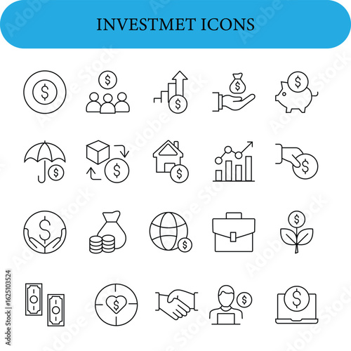 Investment icon set. Containing investor, mutual fund, asset, dividend, economy, financial, stock, capital, risk, inflation, portfolio and more. 