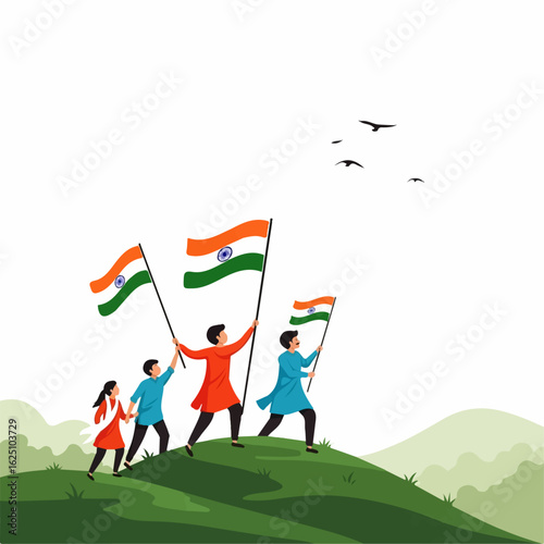 A family joyfully marches uphill, waving Indian flags, celebrating patriotism on a bright, sunny day.
