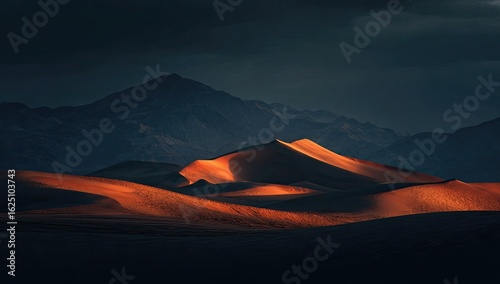 Dramatic desert landscape at sunrise.  Golden sand dunes bathed in dawn light, silhouetted against a dark mountain range