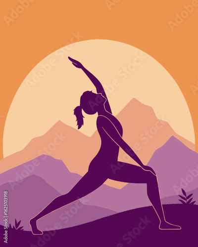  Yoga Warrior Pose Silhouette at Mountain Sunset - Wellness & Fitness Meditation Art