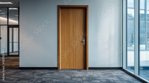 Fototapeta Naklejka Na Ścianę i Meble -  A wooden door with a silver handle in an empty office space.
