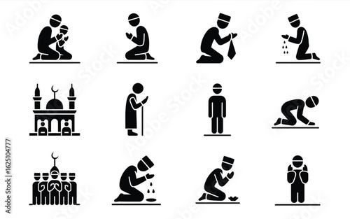 Muslim worship and prayer vector icon set