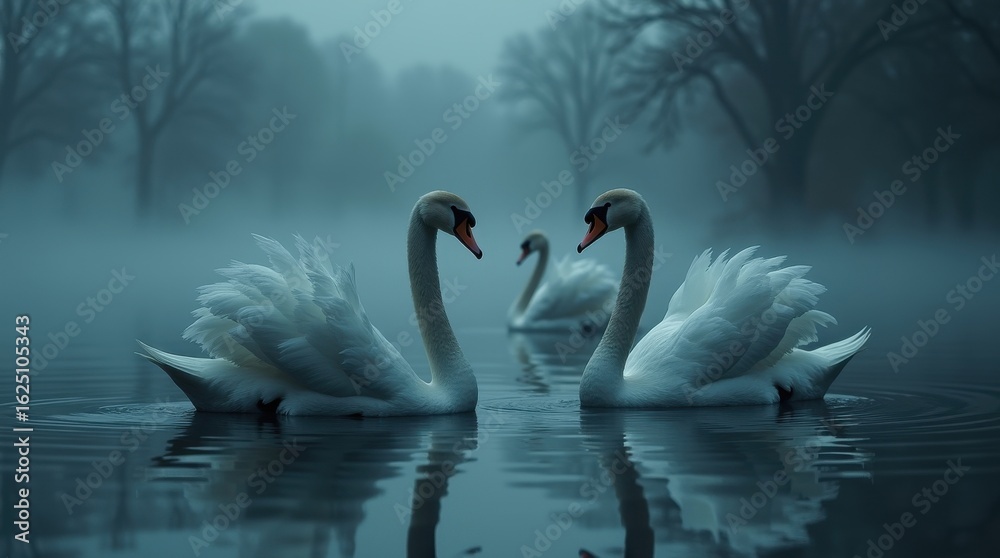 Fototapeta premium Swans swimming in misty lake nature scene tranquil environment serene viewpoint wildlife concept