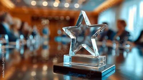 Crystal star award on a wooden table in a conference room setting