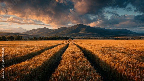Golden Wheat Field at Sunset with Rolling Hills, Glowing in Warm Sunlight