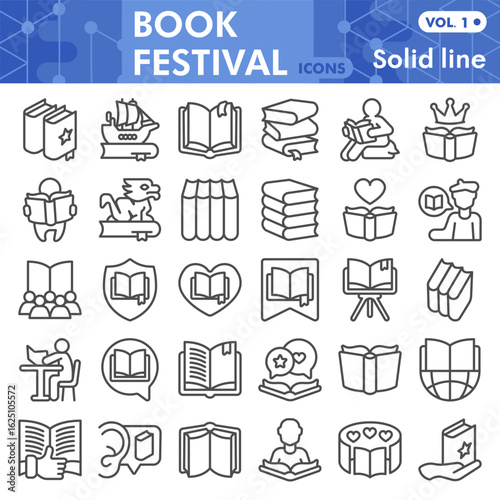 Book festival symbols collection or sketches, books theme in line style signs for web and app. Vector graphics isolated on white background.