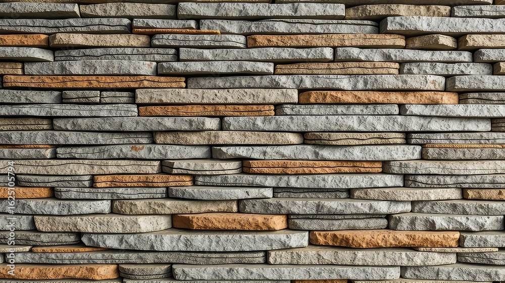 Naklejka premium A stone wall comprised of uniquely shaped grey and tan stones creates a visually appealing and textured surface pattern.