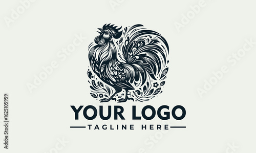 Ornate rooster logo design, detailed feathers, floral frame, elegant style.