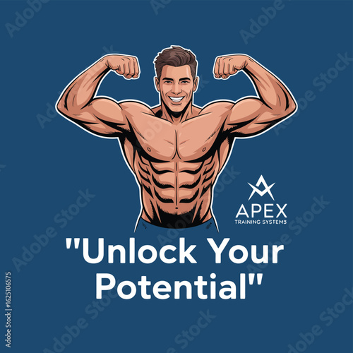 Muscular bodybuilder illustration: a strong, fit, athletic man with prominent biceps and muscles, perfect for fitness, gym, or sport themes
