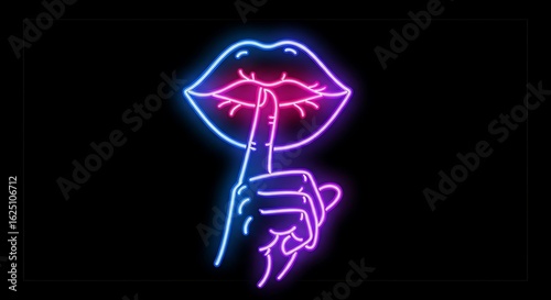 Neon lips and finger shushing gesture against black background