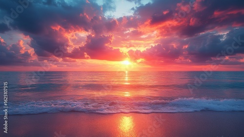 Fiery Sunset over Tranquil Ocean Beach