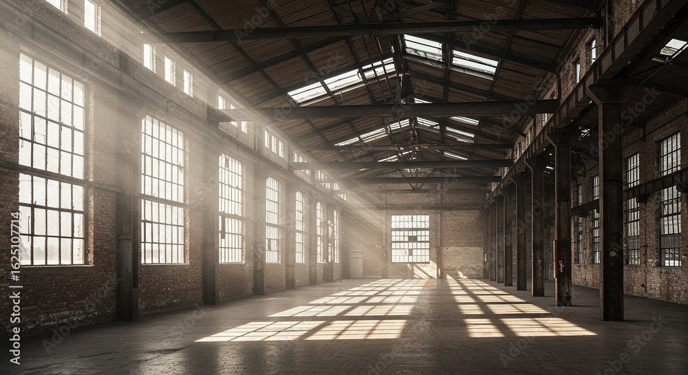 Abandoned warehouse interior with sunlight streaming through windows and industrial architecture design Abandoned warehouse interior with sunlight streaming through windows and industrial architecture design