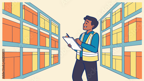 Warehouse worker with clipboard in aisle of boxes illustration for inventory check and logistics management
