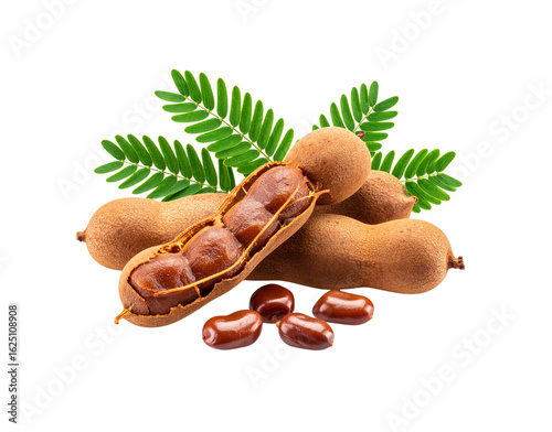Ripe tamarind fruit pods one opened to show sticky brown pulp with seeds and green leaves.