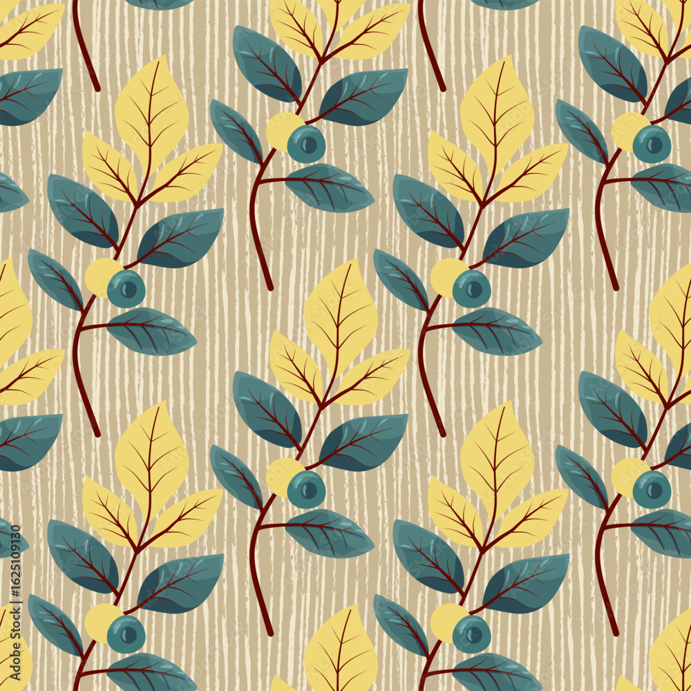 Obraz premium Seamless burlap texture pattern with leaves and berries. Natural jute sackcloth background with hand-drawn botanical elements. Rustic, eco-style textile design, ideal for organic packaging, home decor