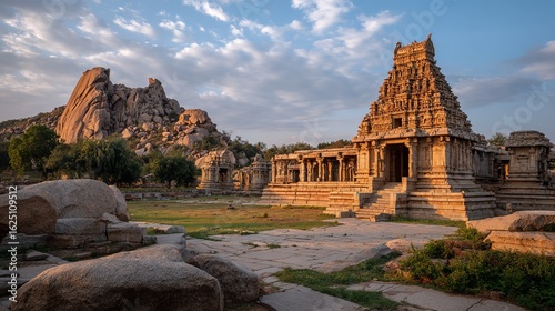 Ancient Temple Complex at Hampi, India, Bathed in Warm Golden Hour Sunlight